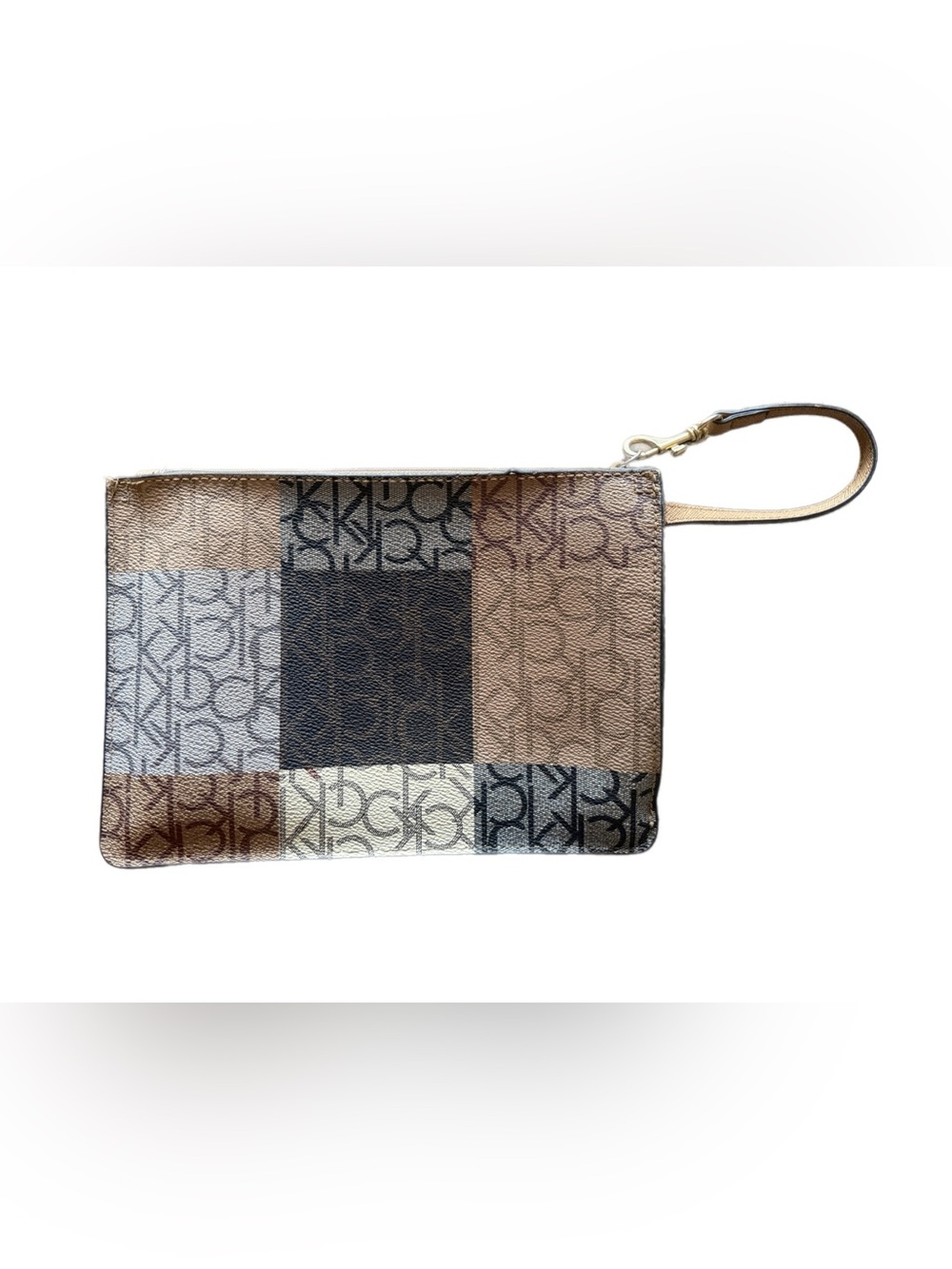 Calvin Klein Patchwork Logo Wristlet in Brown, Black, Cream